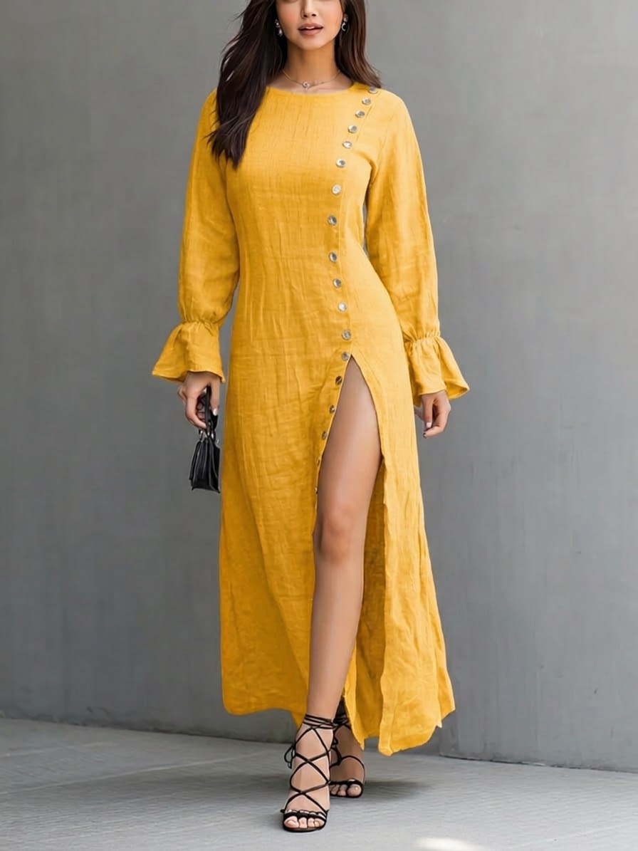 Casual Linen And Cotton Slit Button Dress