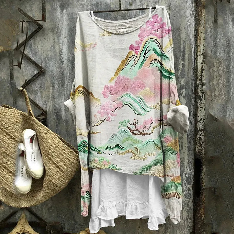 Spring Landscape Japanese Art Flowy Linen Tunic