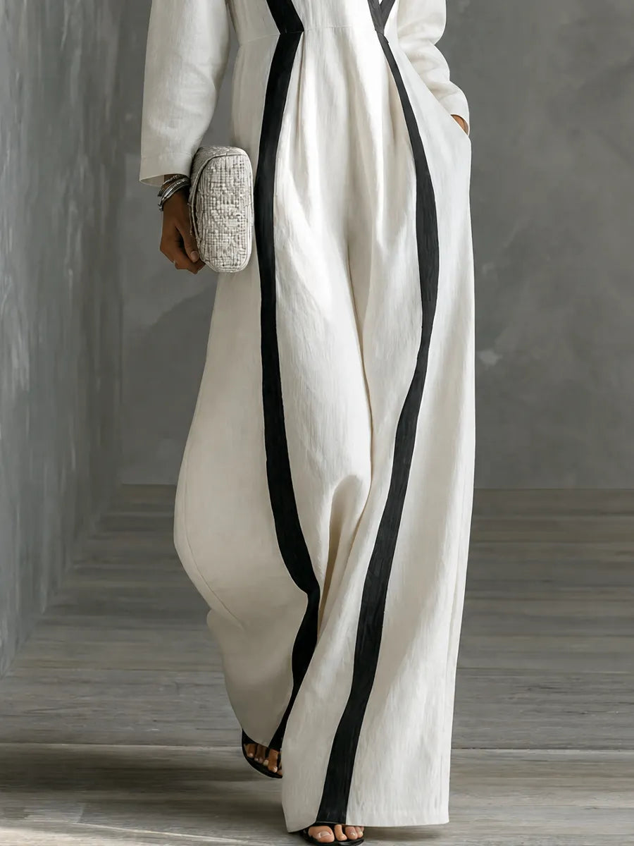 Women's Minimalist Vacation Style White Cotton Linen V-Neck Color-Blocked Striped Long-Sleeved Wide-Leg Jumpsuit MDZ1382G0GMJ