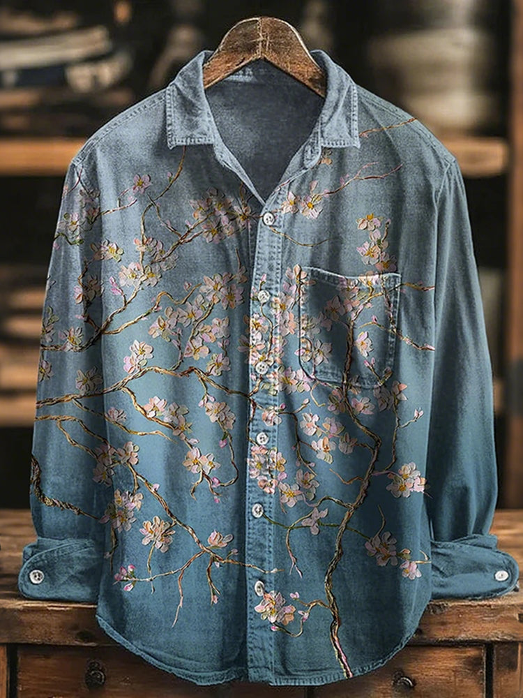 Men's Cherry Blossoms Oil Painting Print Cozy Long Sleeve Shirt