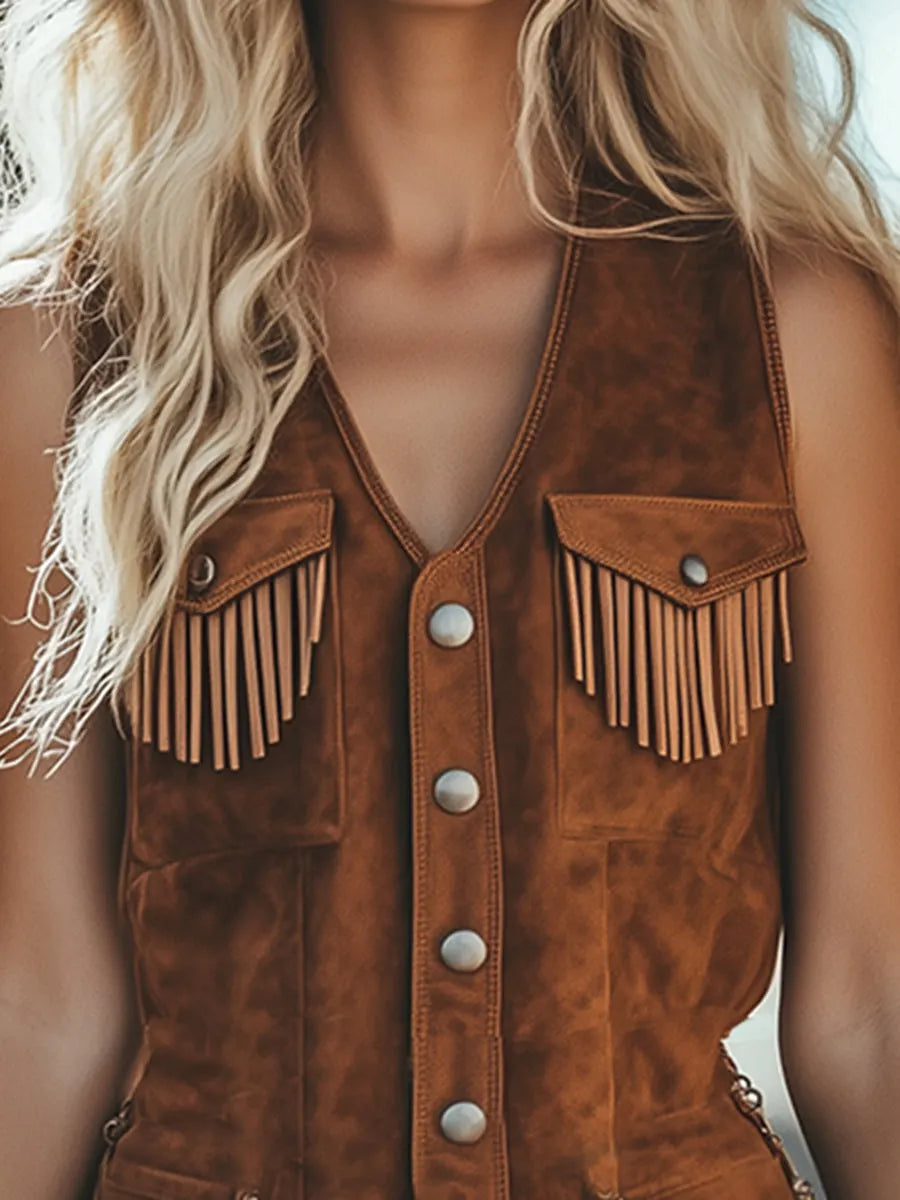 【24-hour shipping out】Vintage Western Tassel Brown Suede Vest Shorts Jumpsuit
