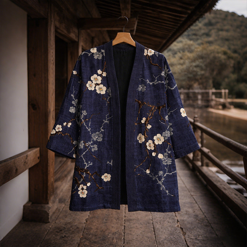 Vintage Japanese Traditional Sashiko Blossom Art Linen Blend Kimono Cardigan