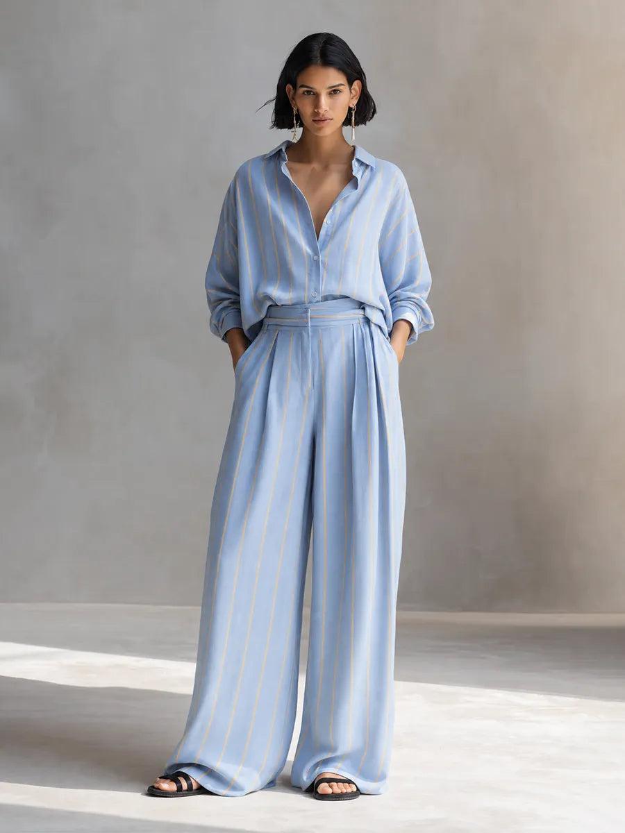 Women's Relaxed Light Blue Linen Blend Striped Collared Button-Front Long Sleeve Oversized Shirt And High-Waist Wide-Leg Pants Two-Piece Set MDZ1369G6ZSQ