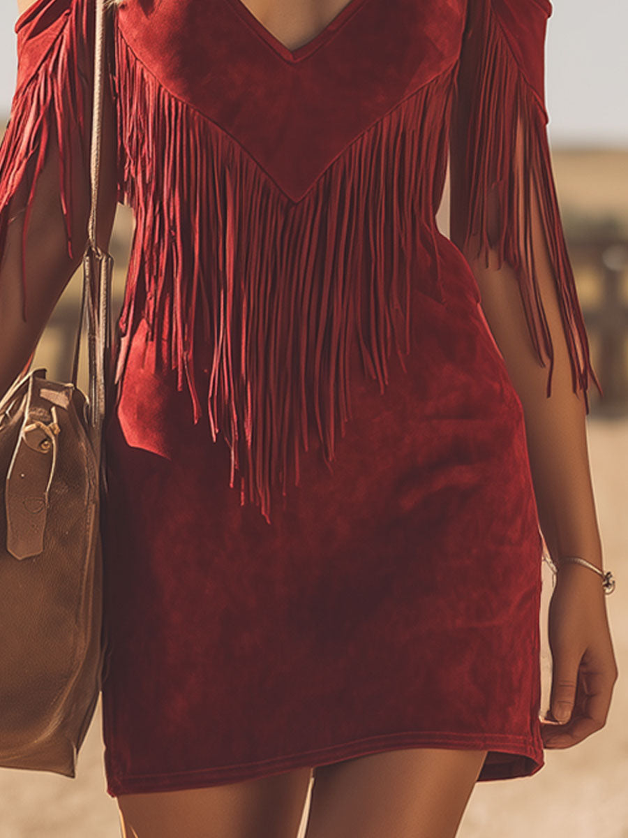 Western-style V-neck Short-sleeved Fringed Faux Suede Mini Dress
