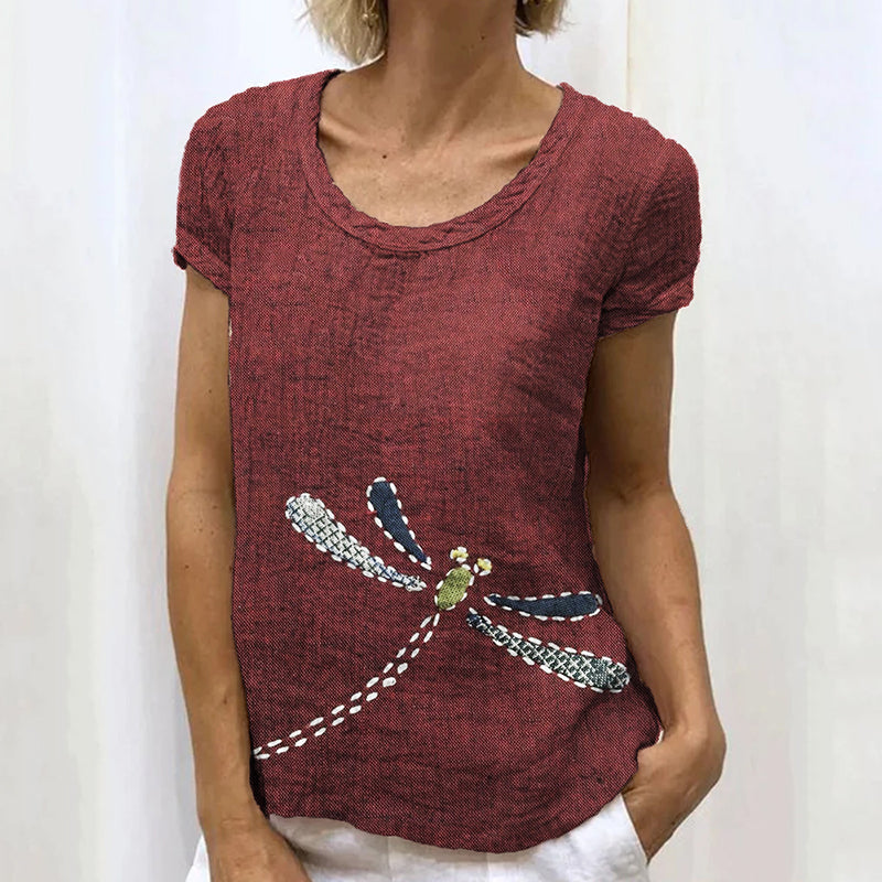 Vintage Dragonfly Patchwork Japanese Sashiko Art Linen Blend Shirt