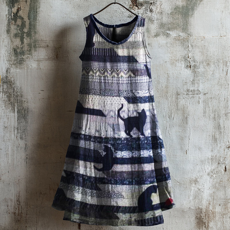 Cats Patchwork Textile Linen Tank Dress