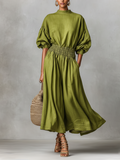 Women's Green Linen Dress With High Neck & Ruched Waist, Timeless Minimalist-Elegant Style Dress MDZ2830B5I