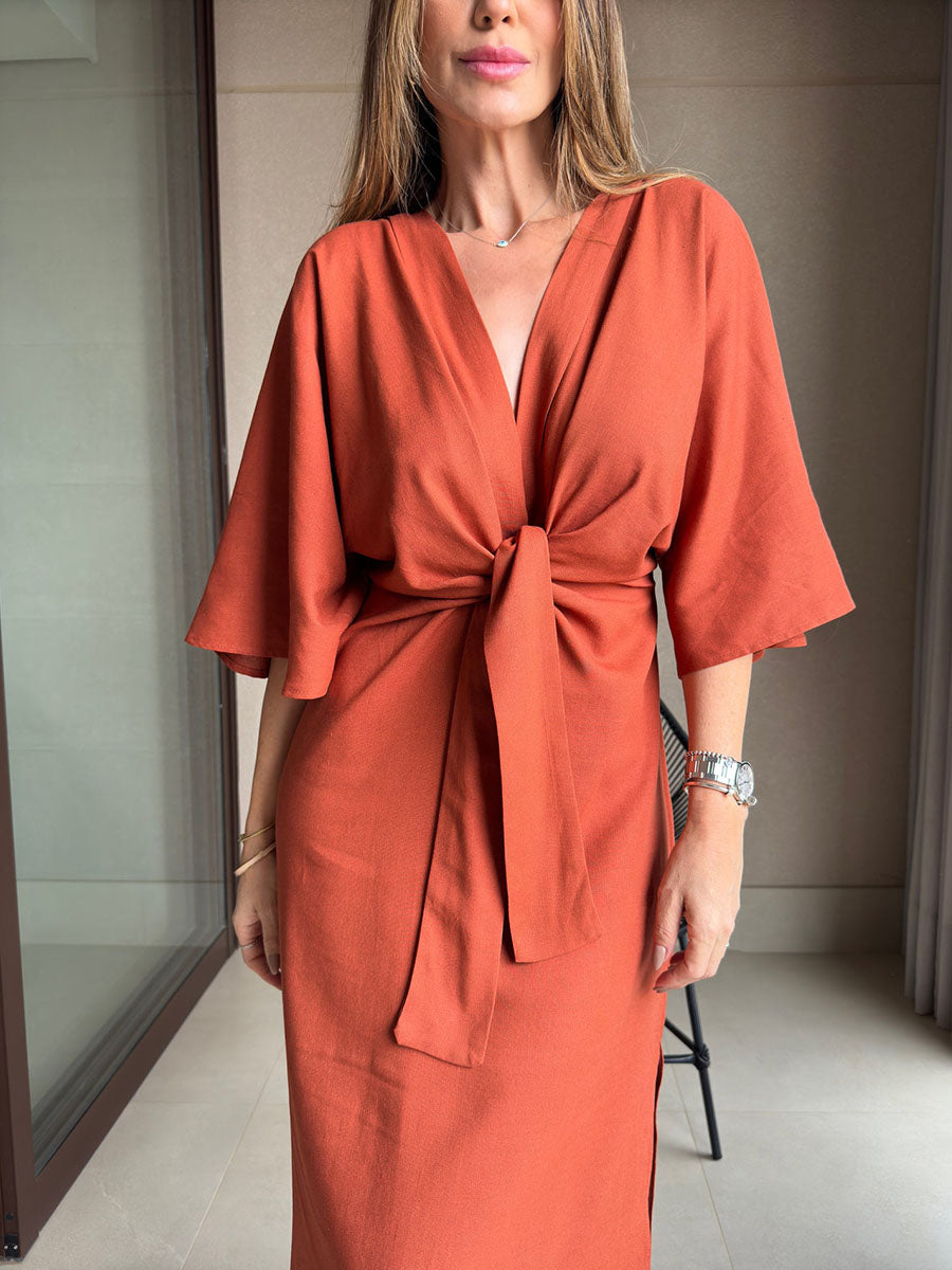 Casual V-neck cotton and linen lace-up dress