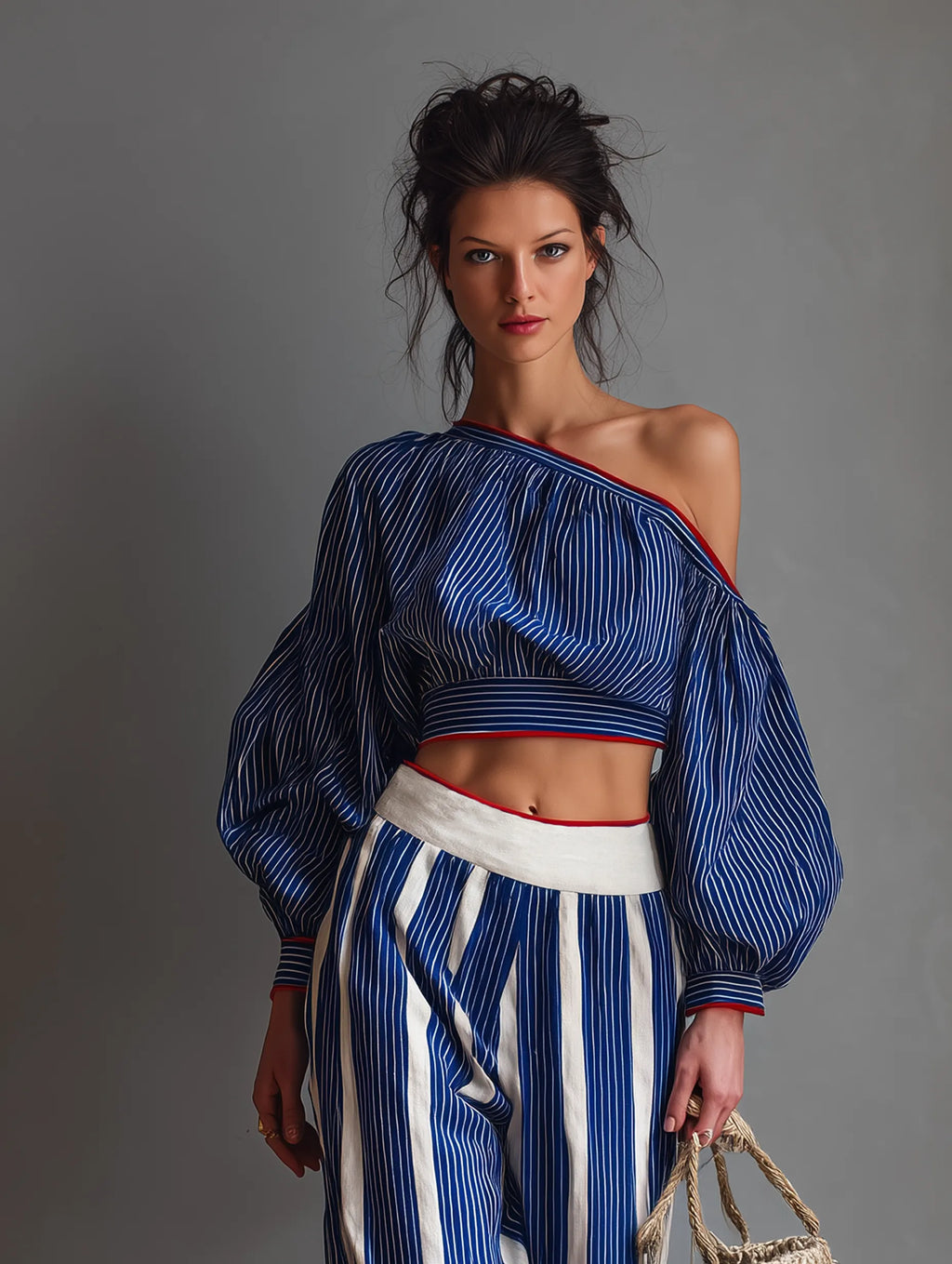 Women's Casual Striped Long-Sleeve Blouse And Straight-Leg Pants Set MDZ0920G9WY