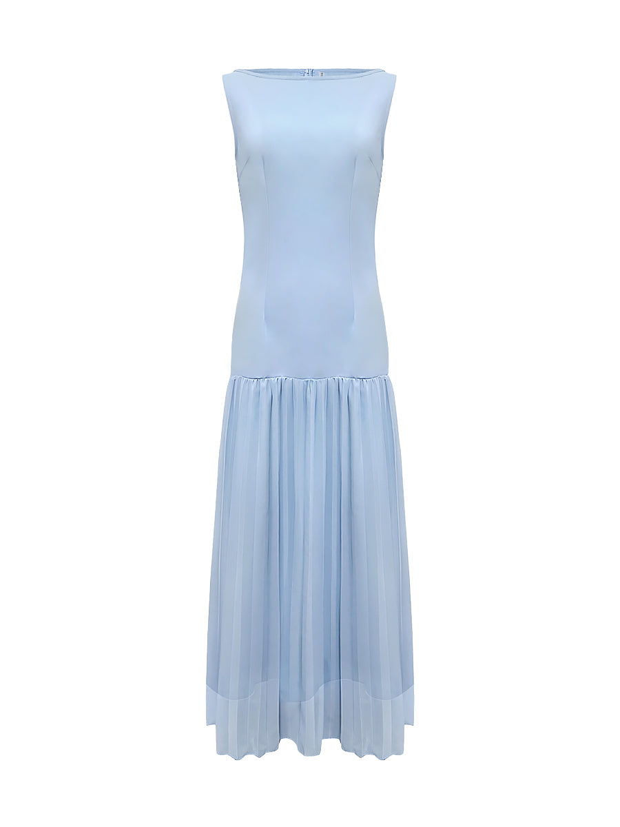 Sleeveless Gauze Pleated Solid Color Split-Joint Boat Neck Evening Dresses Maxi Dresses