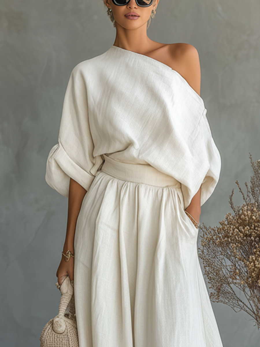 Women's Cream Linen Fabric One-Shoulder Puff-Sleeve Top & Wide-Leg Maxi Skirt Set