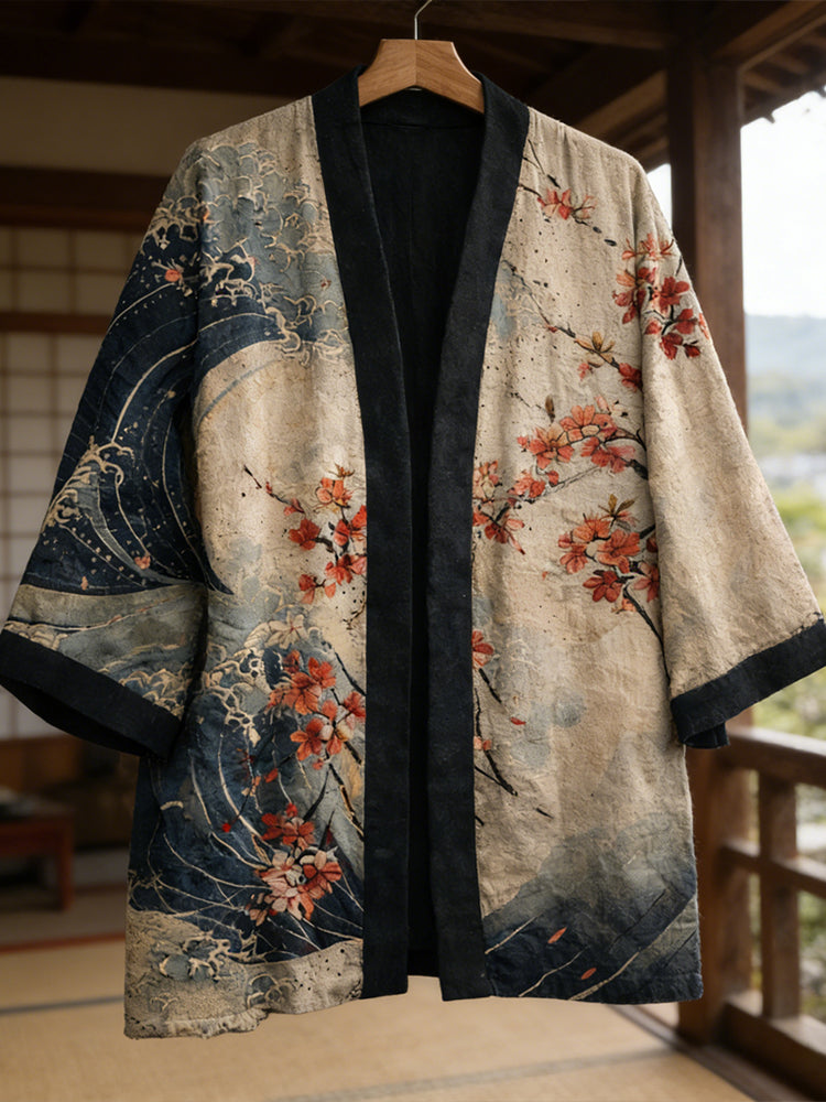 Japanese Flowers And Waves Art Linen Blend Kimono Cardigan