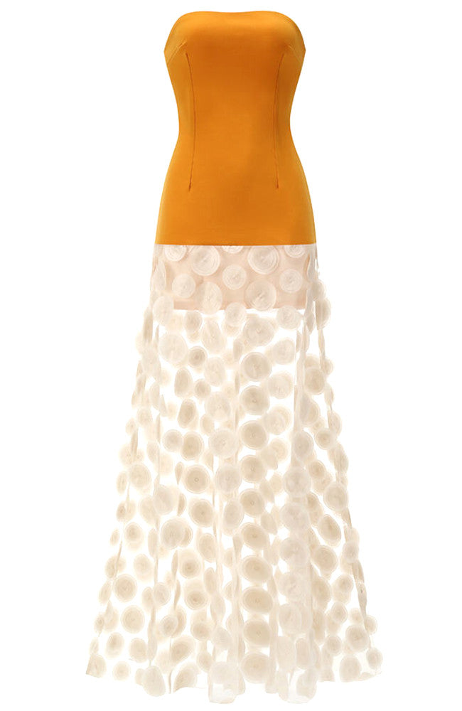 Strapless A Line Maxi Dress Mustard Ivory