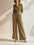 Women's Elegant Casual Green Crinkle-Texture Collared Long-Sleeve Ruched Jewel-Button Shirt & Drawstring Wide-Leg Trouser Set MDZ2301G8CMX