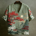 Men's Japanese-style Landscape Pattern Short-sleeved V-neck Shirt