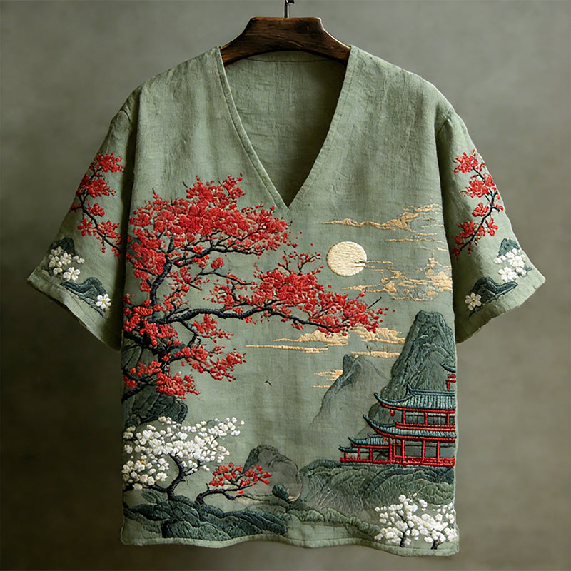 Men's Japanese-style Landscape Pattern Short-sleeved V-neck Shirt