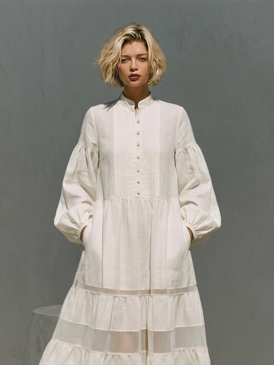 Women's Off White Cotton Blend Midi Dress With Mandarin Collar Half Button Placket & Sheer Tiered Skirt, Boho Casual Lantern Sleeve Midi Dress MDZ2448G9LYL