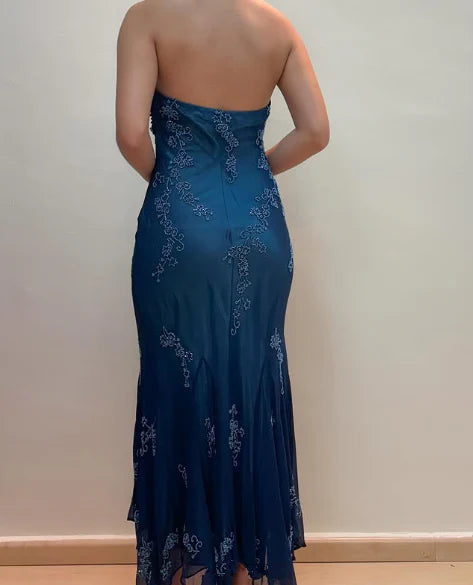 Dark Blue Fairy Mermaid Beaded Long Chiffon Formal Prom Evening Dress Wedding Guest Party Gown Dress Greek Halter Neck b