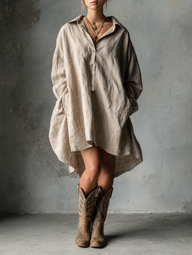 Women's Fashion Loose Cotton And Linen Button Lapel Mini Dress