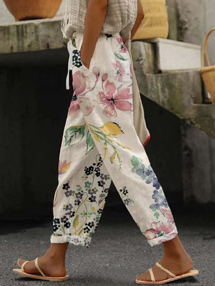 Casual Japanese Art Flower Print Straight Pocket Pants