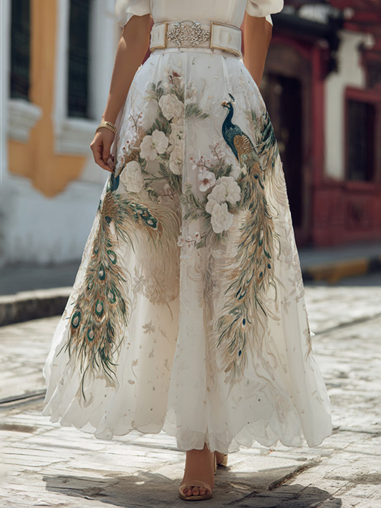 Women's Elegant Floral With Peacock Art Linen Blend Casual Maxii Skirt