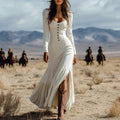 Ivory Western Boho Maxi Dress with Corset Bodice