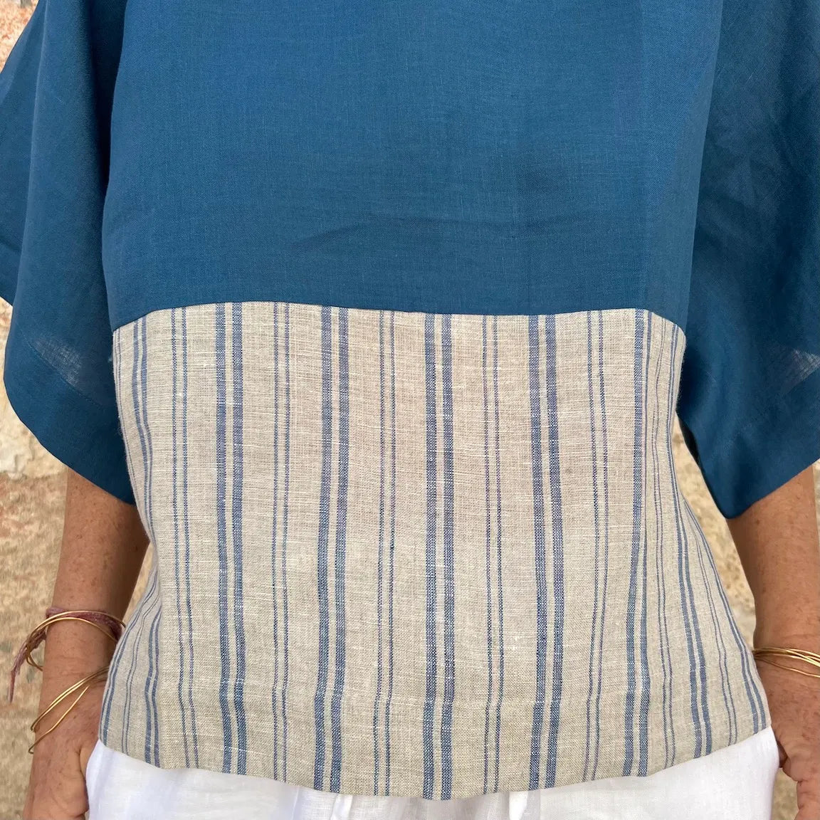 Jill Top New - French Bateau Neck Color-Blocked Striped Linen Blouse | Dadihouse