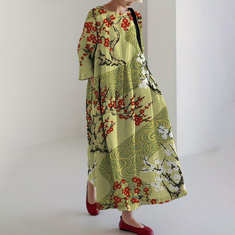 Women's Japanese Cherry Blossom Print Loose Midi Dress