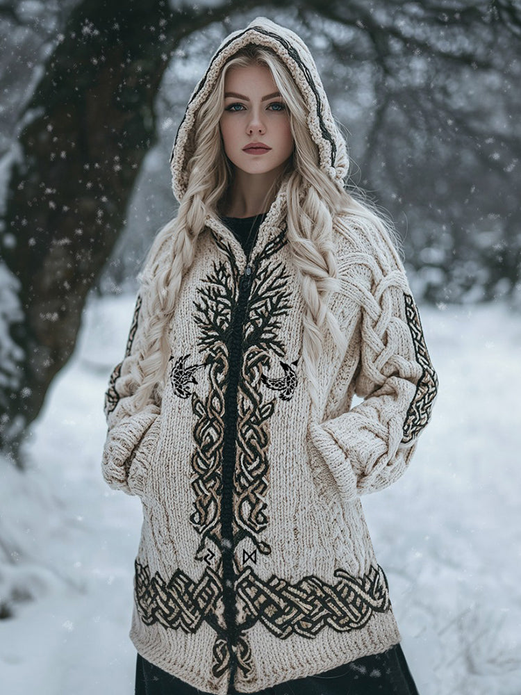 Women's Viking Tribal Tree Of Life Celtic Mythology Chunky Knit Zipper Hooded Cardigan