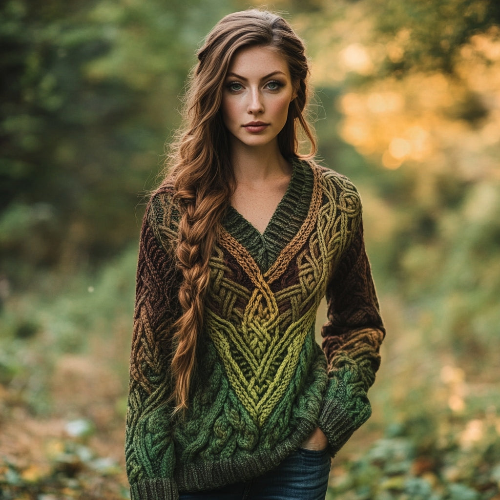 Women's Celtic Knotted V-neck Contrast Aran Sweater