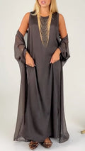 Sheer Chiffon Loose Maxi Robe And Satin Round Neck Long Dress Elegant Two Piece Set