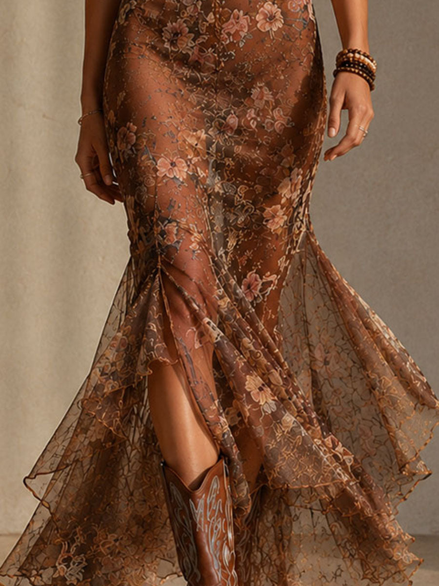 Boho Romantic Sheer Brown Floral Corset Bodice Mermaid Dress