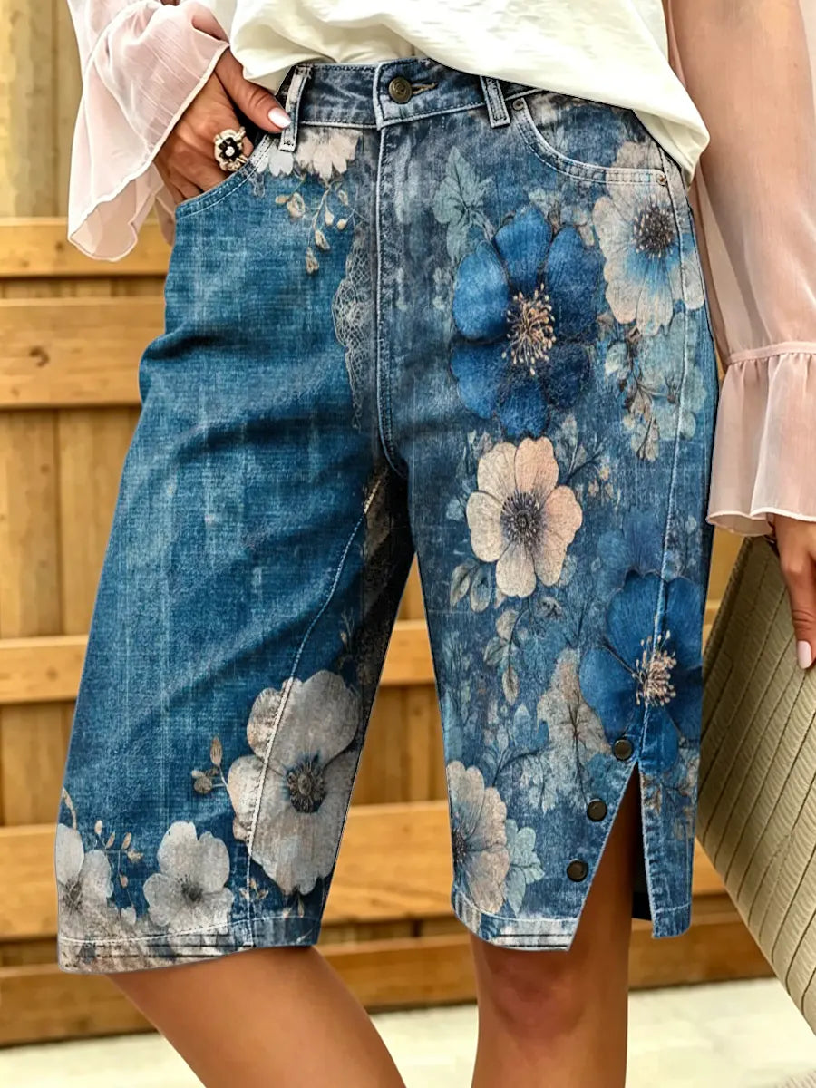 Women's Floral Watercolor Print Denim Bermuda Shorts