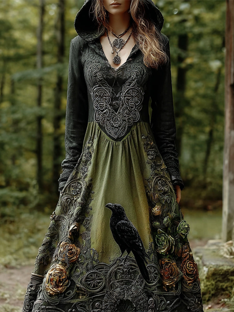 Halloween Crow & Vintage Rose Dark Art Women's Long-sleeve Hooded Maxi Dress