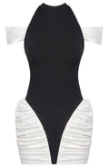 Cold Shoulder Ruched Dress Black White