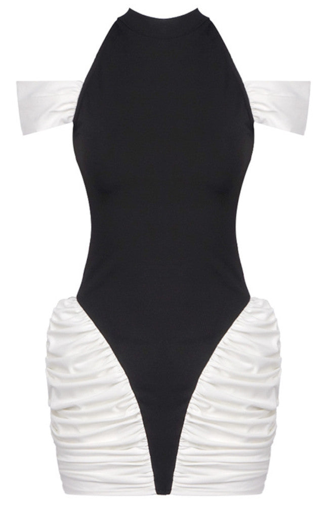 Cold Shoulder Ruched Dress Black White