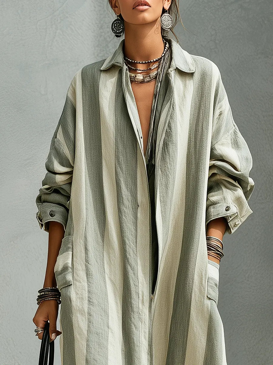 Bohemian Sage Striped Long Trench Coat