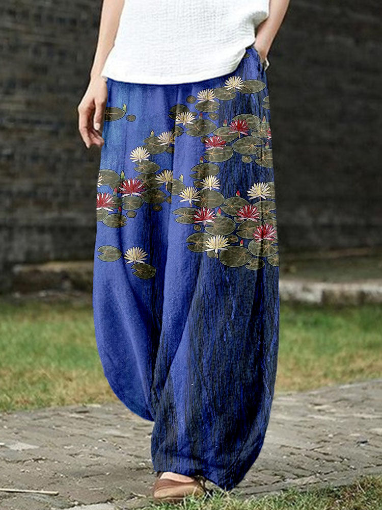 Vintage Water Lily Japanese Art Linen Blend Cozy Pants