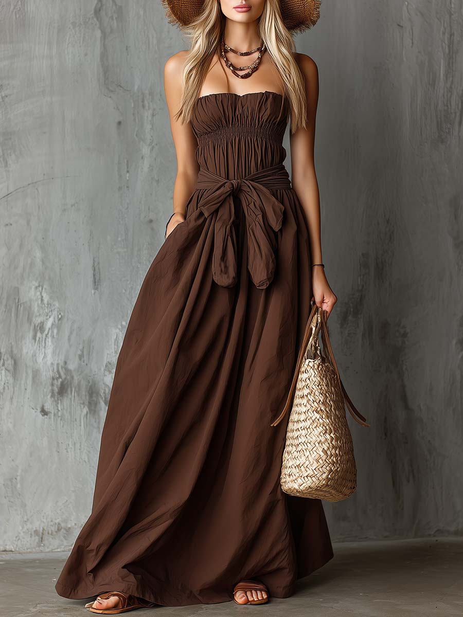 Elegant Retro Vacation-Style Strapless Brown Cotton Maxi Dress