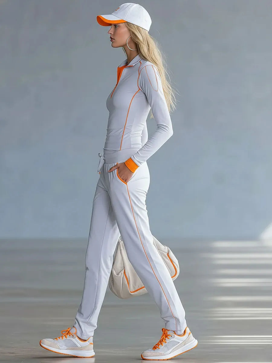 Fashionable Sporty Gray-blue Long-sleeved Half-zip Top And Trousers Set