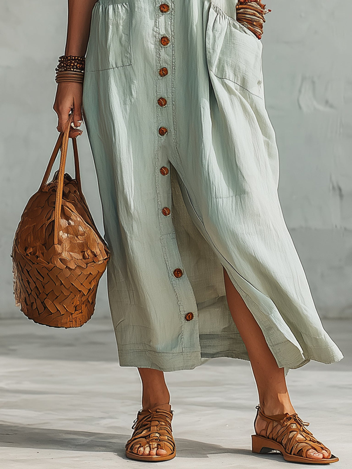 Blue Linen Button Front Short Sleeve Maxi Dress