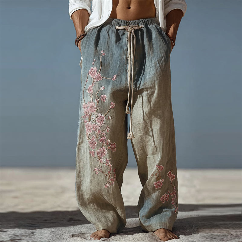 Men's Boho Cherry Blossom Gradient Wide Leg Linen Pants