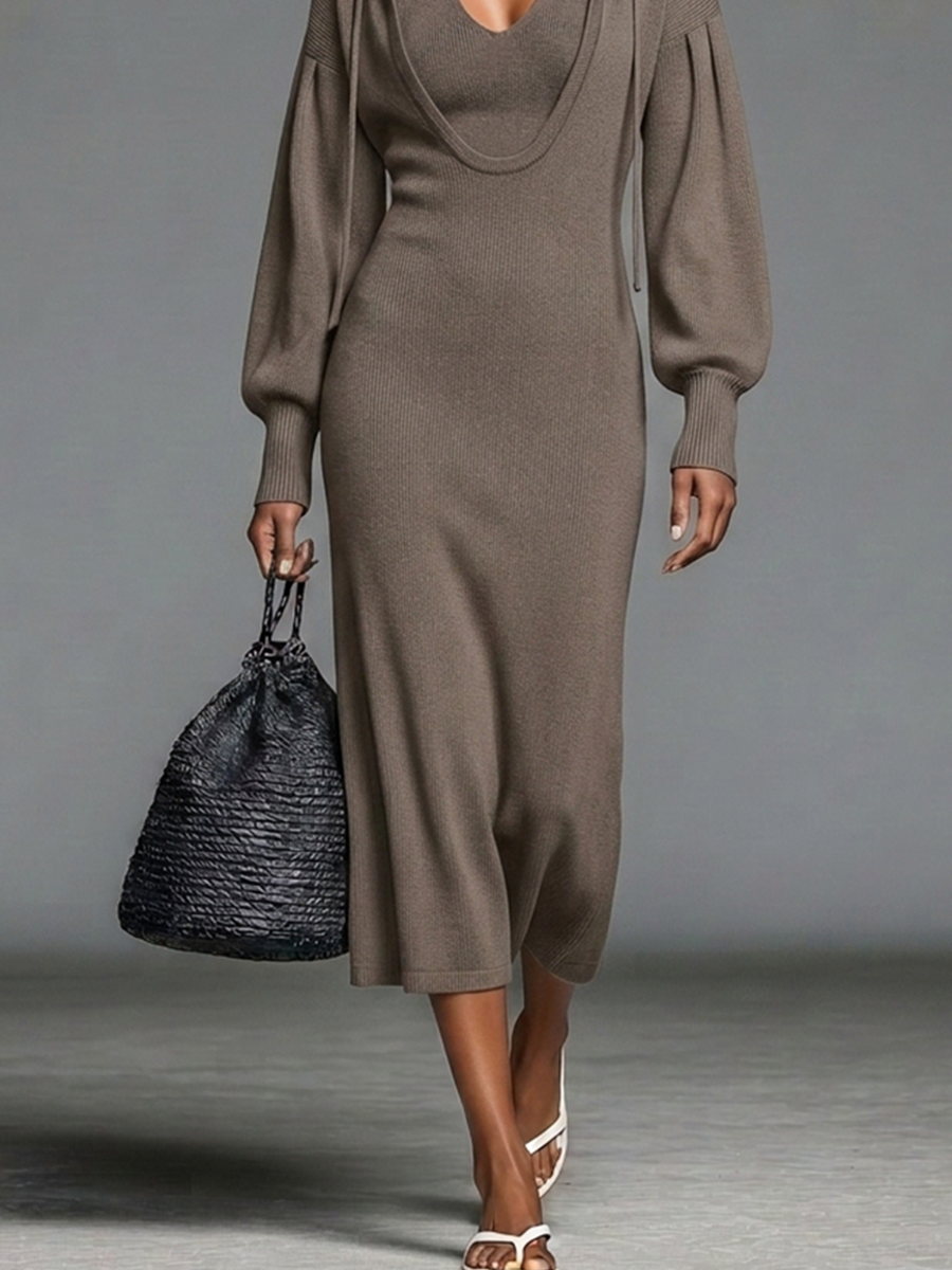 Women's Taupe Ribbed Knit Midi Dress With Faux Two-Piece Hooded Layer Design & Halter Neck Lantern Sleeves, Minimalist Casual Slim Fit Knit Midi Dress MDZ2414G5LYL