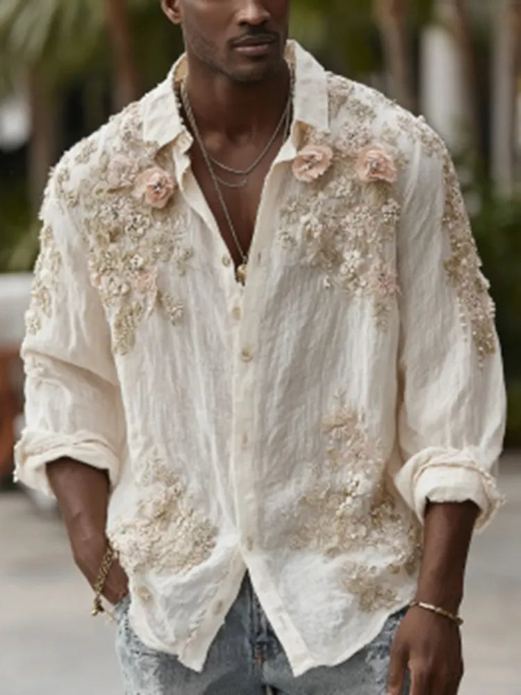 Men's Japanese Floral Art Comfy Button Linen Shirt
