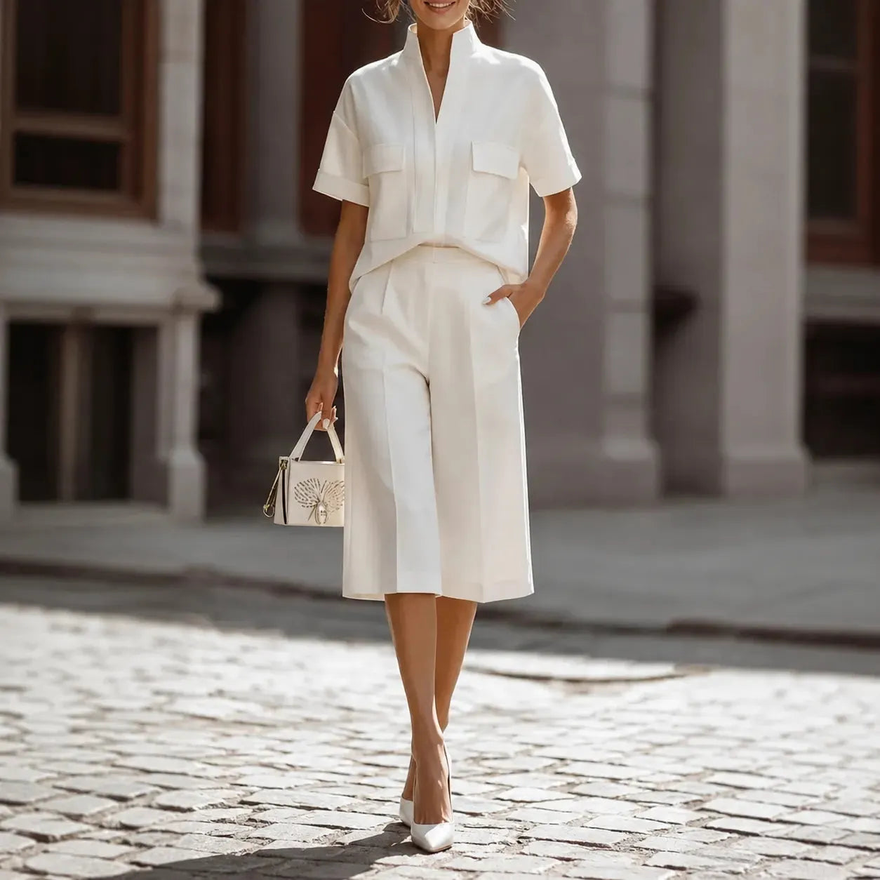 Solene – Stand Collar Wide Leg Culotte Two Piece Set