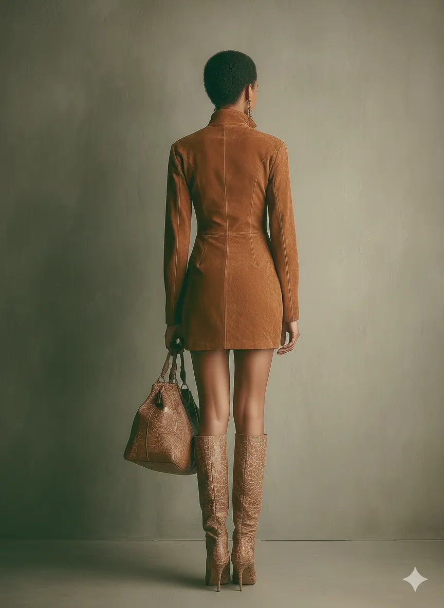 Women's Caramel Brown Faux Suede Stand Collar Zipper Mini Dress MDA2432I8T