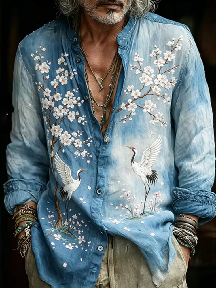 Vintage-style Cherry Blossom And Crane Traditional Embroidery Art Tie-dye Open-front Long Sleeve Shirt