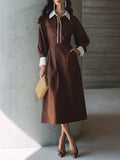 Women's Chocolate Brown Cotton Midi Shirt Dress With Contrast White Collar Cuffs & Double Chest Patch Pockets, Elegant Office Waisted Midi Dress MDZ1415G0LYL