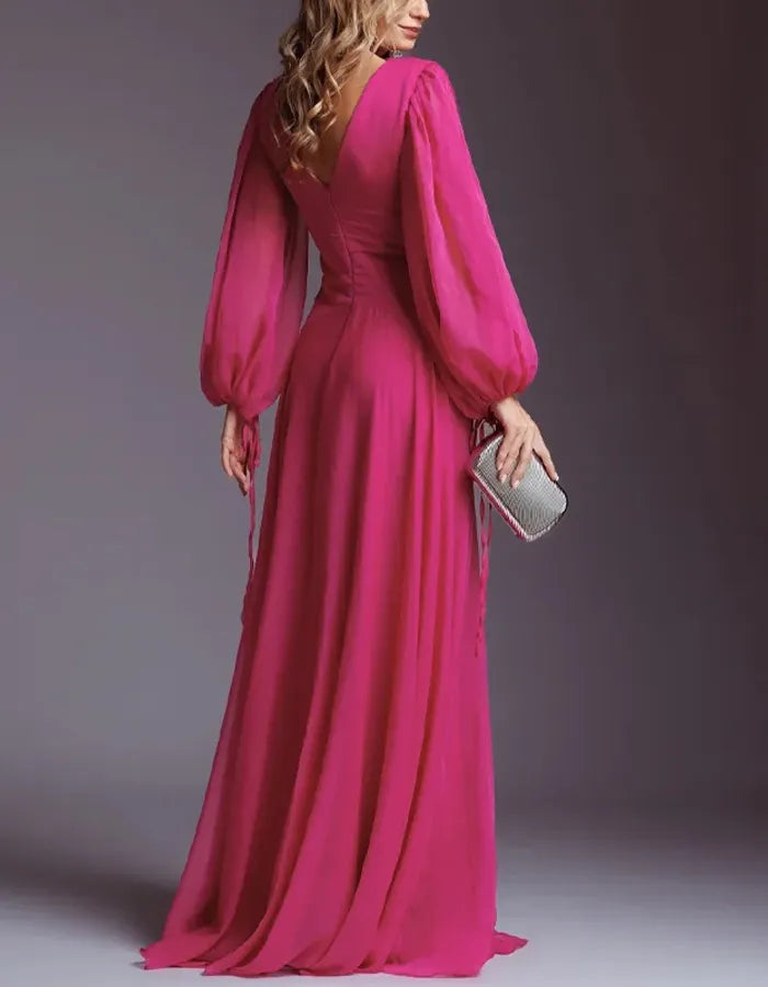 Elegant Chiffon Solid Color Long Slit Puff Sleeve Maxi Dress