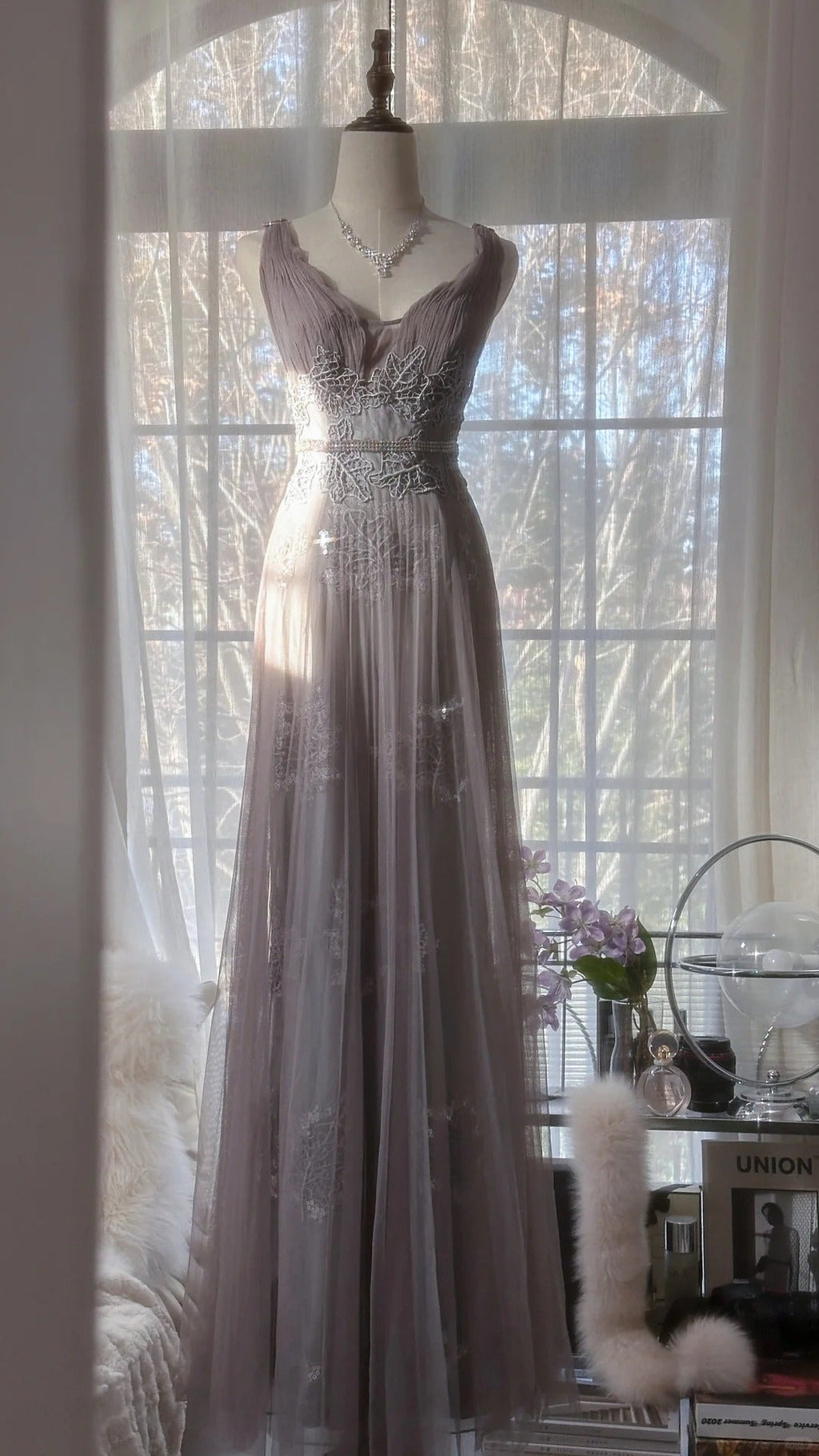 Gray Purple Romantic Fashion Elegant Exquisite Lace Floral Applique Long Tulle Fairy Ball Gown Evening Dress Birthday/Wedding Guest/Holiday Party Dress Prom Dress Valentine's Day Date Dress Bridesmaid Dress 4031